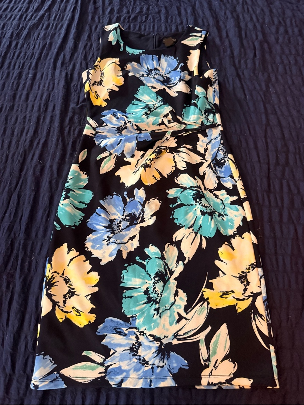 Sleeveless Black Midi Dress with Blue, Teal & Yellow Floral Print